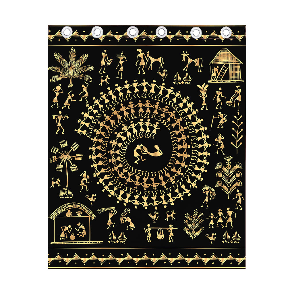 Black And Gold Warli Tribal Print Curtain