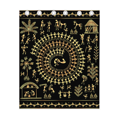 Black And Gold Warli Tribal Print Curtain
