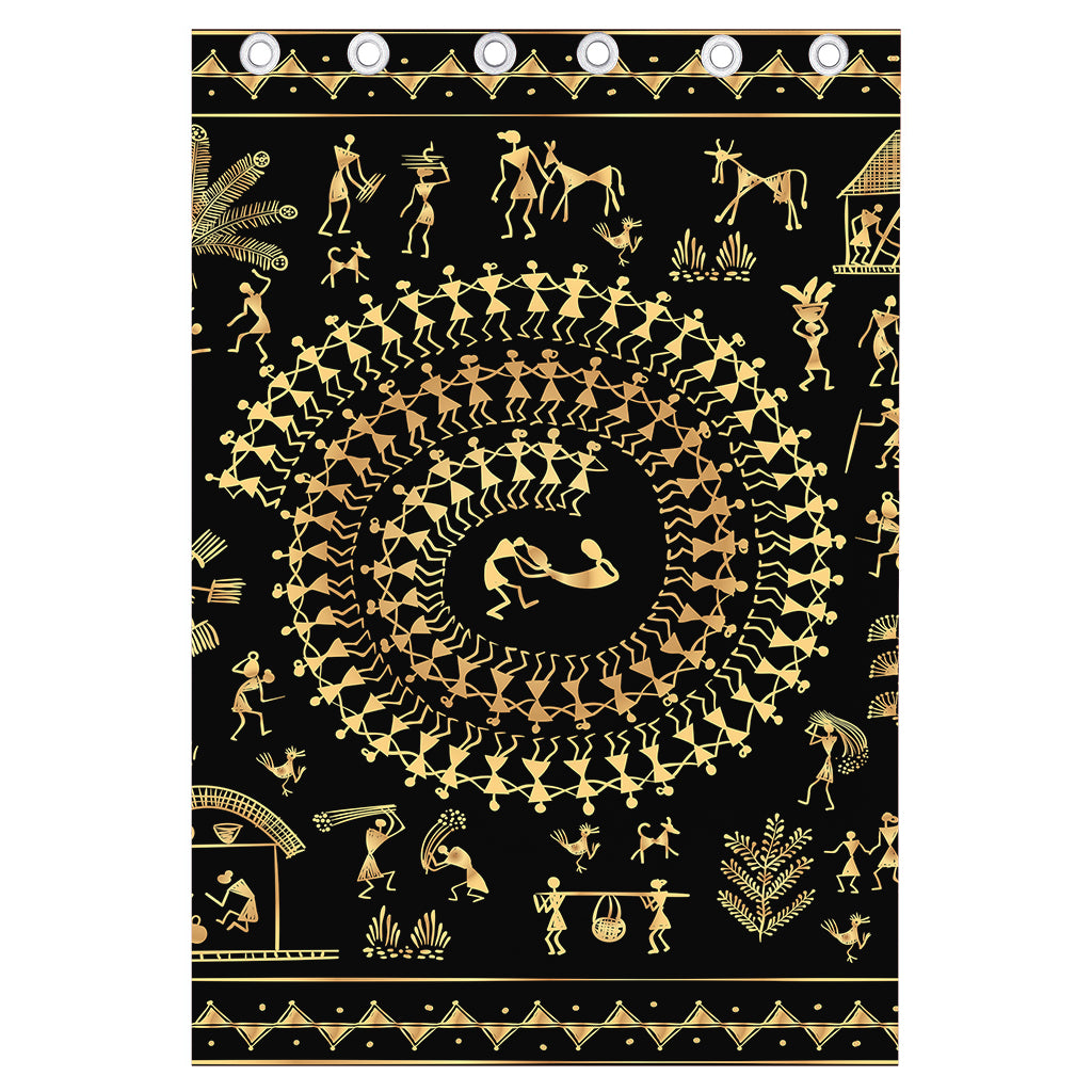 Black And Gold Warli Tribal Print Curtain