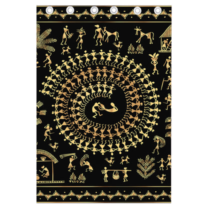 Black And Gold Warli Tribal Print Curtain