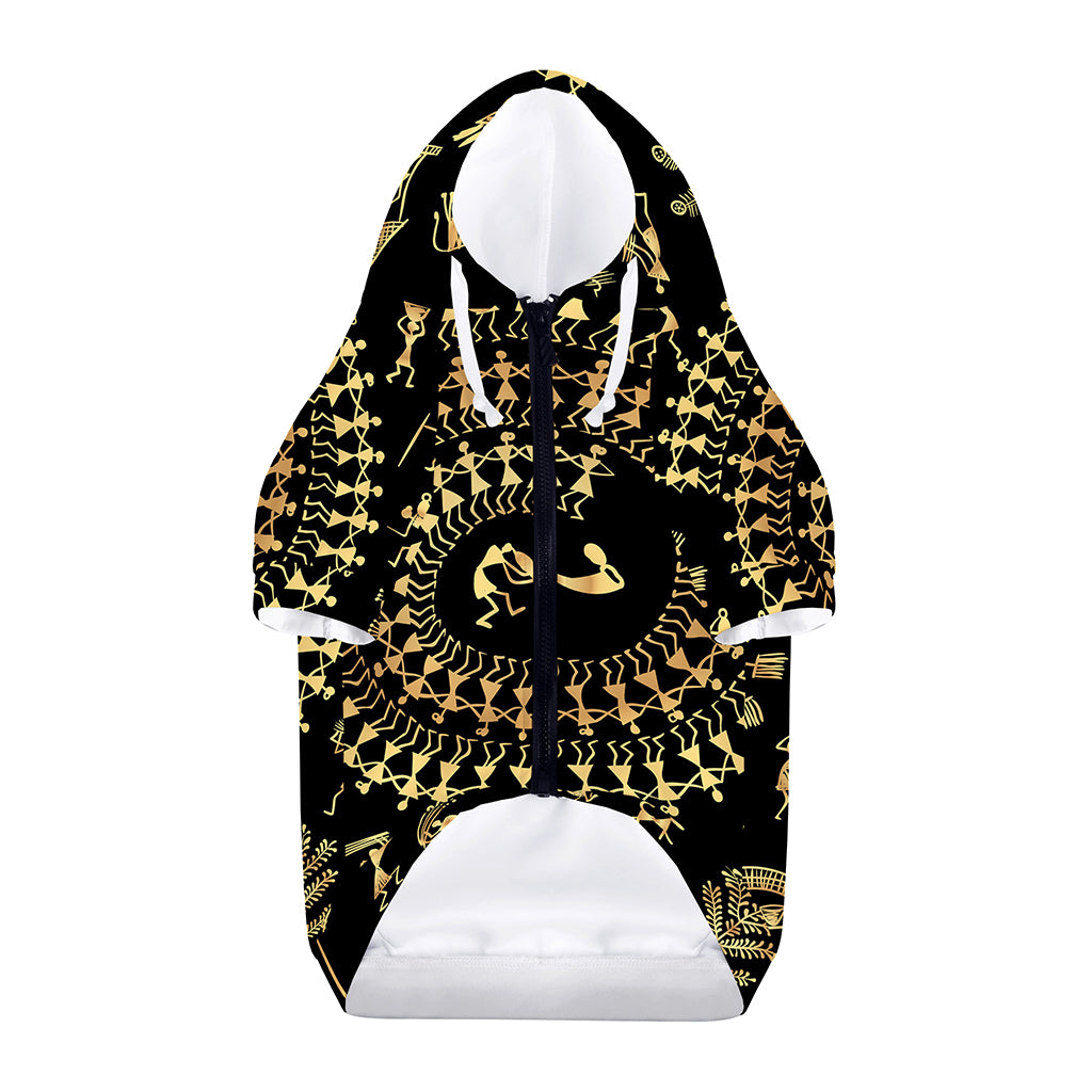 Black And Gold Warli Tribal Print Dog Zip Up Hoodie