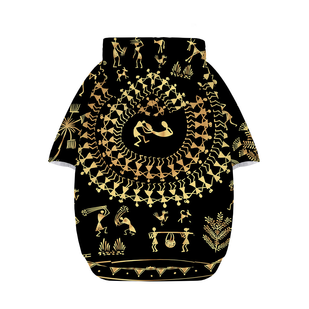 Black And Gold Warli Tribal Print Dog Zip Up Hoodie