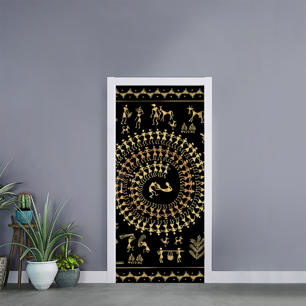 Black And Gold Warli Tribal Print Door Sticker