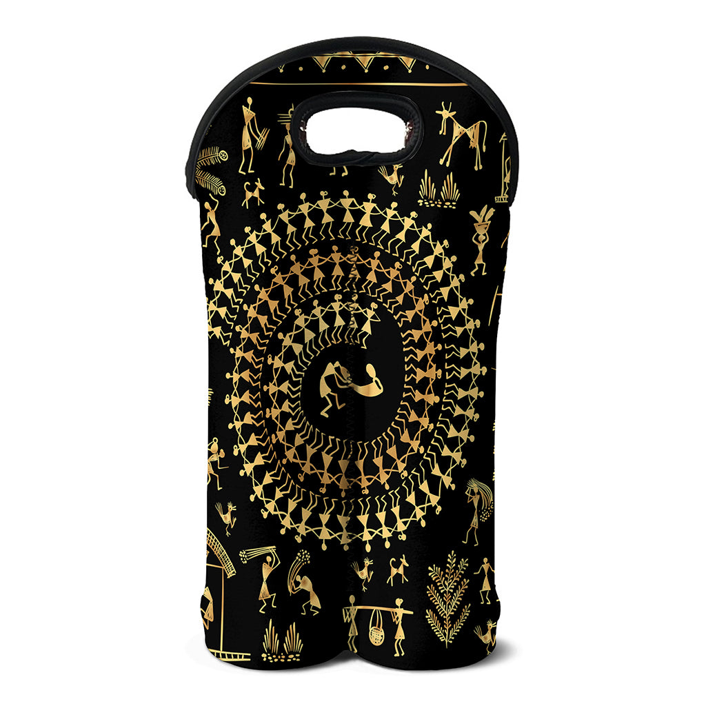 Black And Gold Warli Tribal Print Double Neoprene Wine Tote