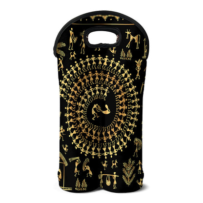 Black And Gold Warli Tribal Print Double Neoprene Wine Tote