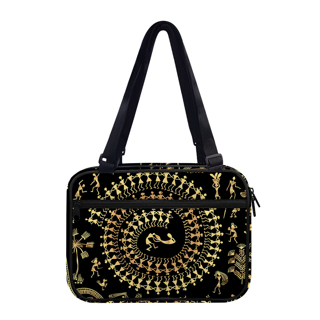 Black And Gold Warli Tribal Print Double Strap Bible Bag