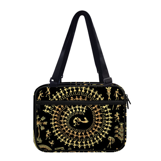 Black And Gold Warli Tribal Print Double Strap Bible Bag