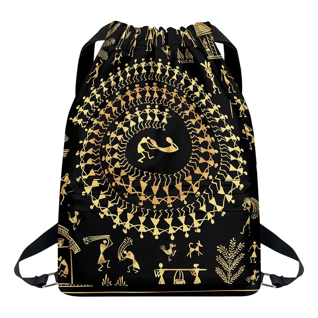 Black And Gold Warli Tribal Print Drawstring Backpack