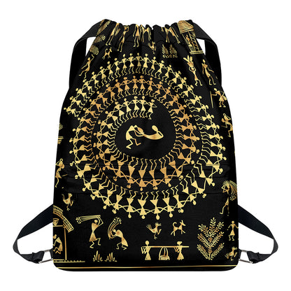 Black And Gold Warli Tribal Print Drawstring Backpack