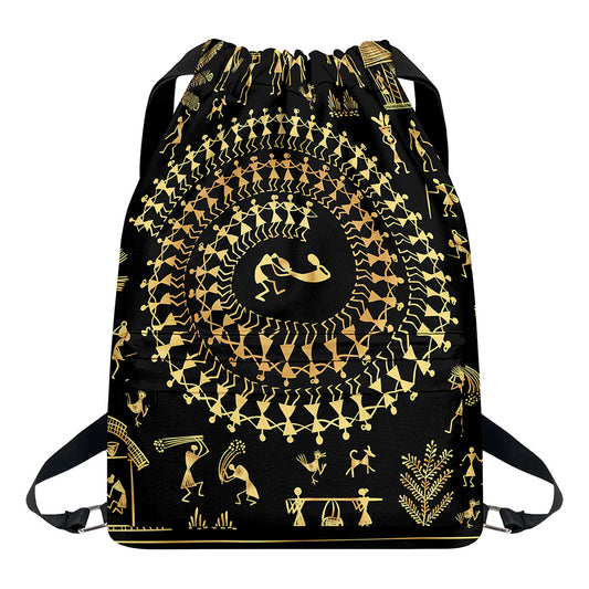 Black And Gold Warli Tribal Print Drawstring Backpack