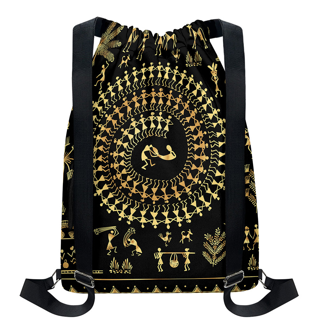 Black And Gold Warli Tribal Print Drawstring Backpack