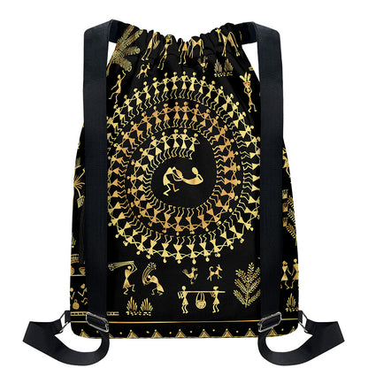 Black And Gold Warli Tribal Print Drawstring Backpack