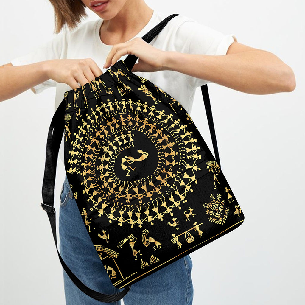 Black And Gold Warli Tribal Print Drawstring Backpack