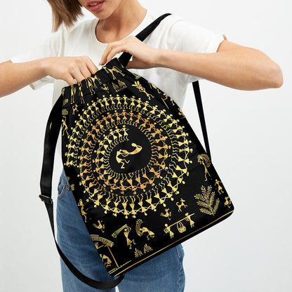 Black And Gold Warli Tribal Print Drawstring Backpack