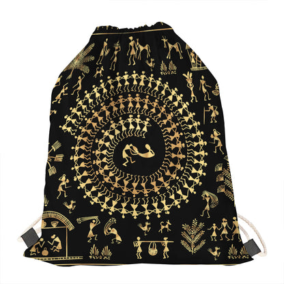 Black And Gold Warli Tribal Print Drawstring Bag