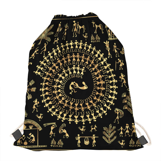 Black And Gold Warli Tribal Print Drawstring Bag