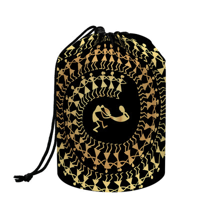 Black And Gold Warli Tribal Print Drawstring Makeup Bag