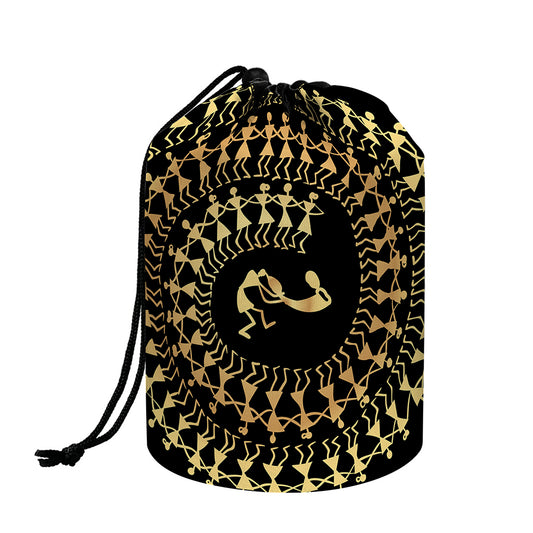 Black And Gold Warli Tribal Print Drawstring Makeup Bag