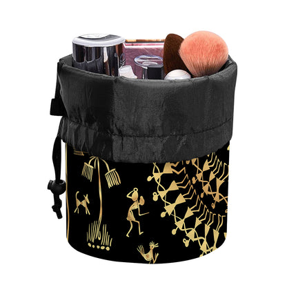 Black And Gold Warli Tribal Print Drawstring Makeup Bag