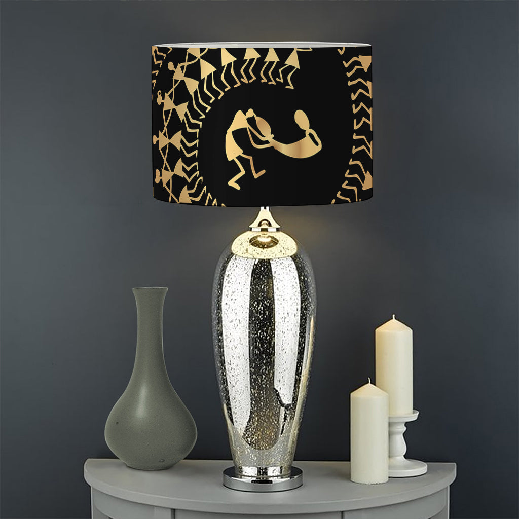 Black And Gold Warli Tribal Print Drum Lamp Shade