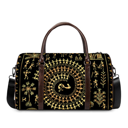 Black And Gold Warli Tribal Print Duffle Bag