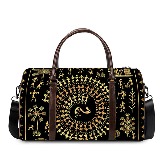 Black And Gold Warli Tribal Print Duffle Bag