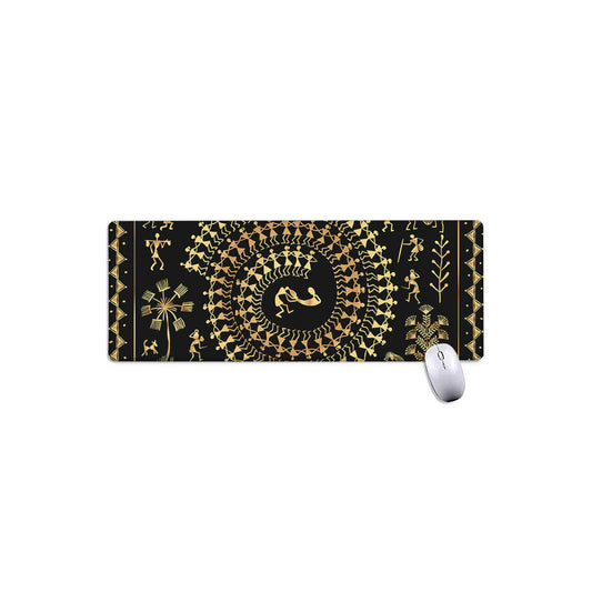 Black And Gold Warli Tribal Print Extended Mouse Pad