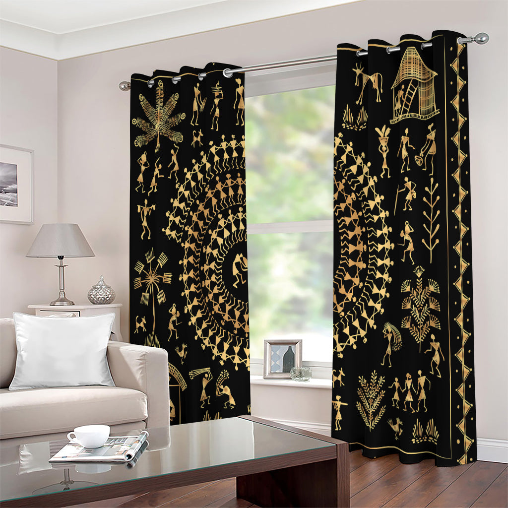 Black And Gold Warli Tribal Print Extra Wide Grommet Curtains