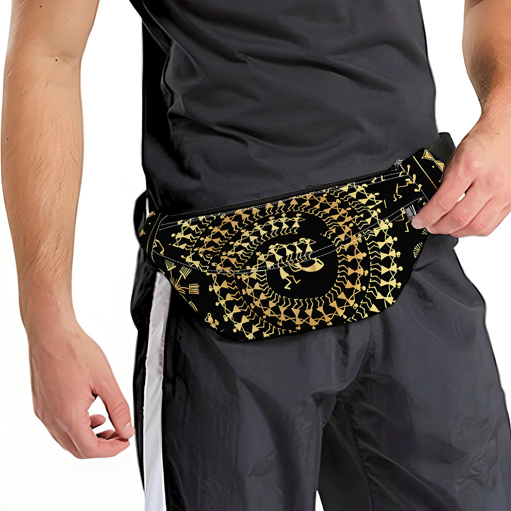 Black And Gold Warli Tribal Print Fanny Pack