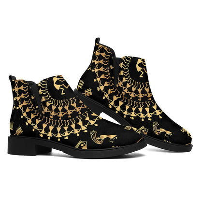 Black And Gold Warli Tribal Print Flat Ankle Boots