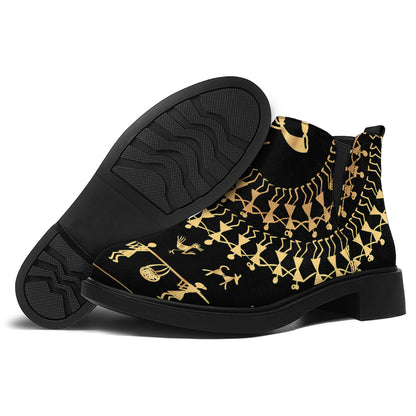 Black And Gold Warli Tribal Print Flat Ankle Boots