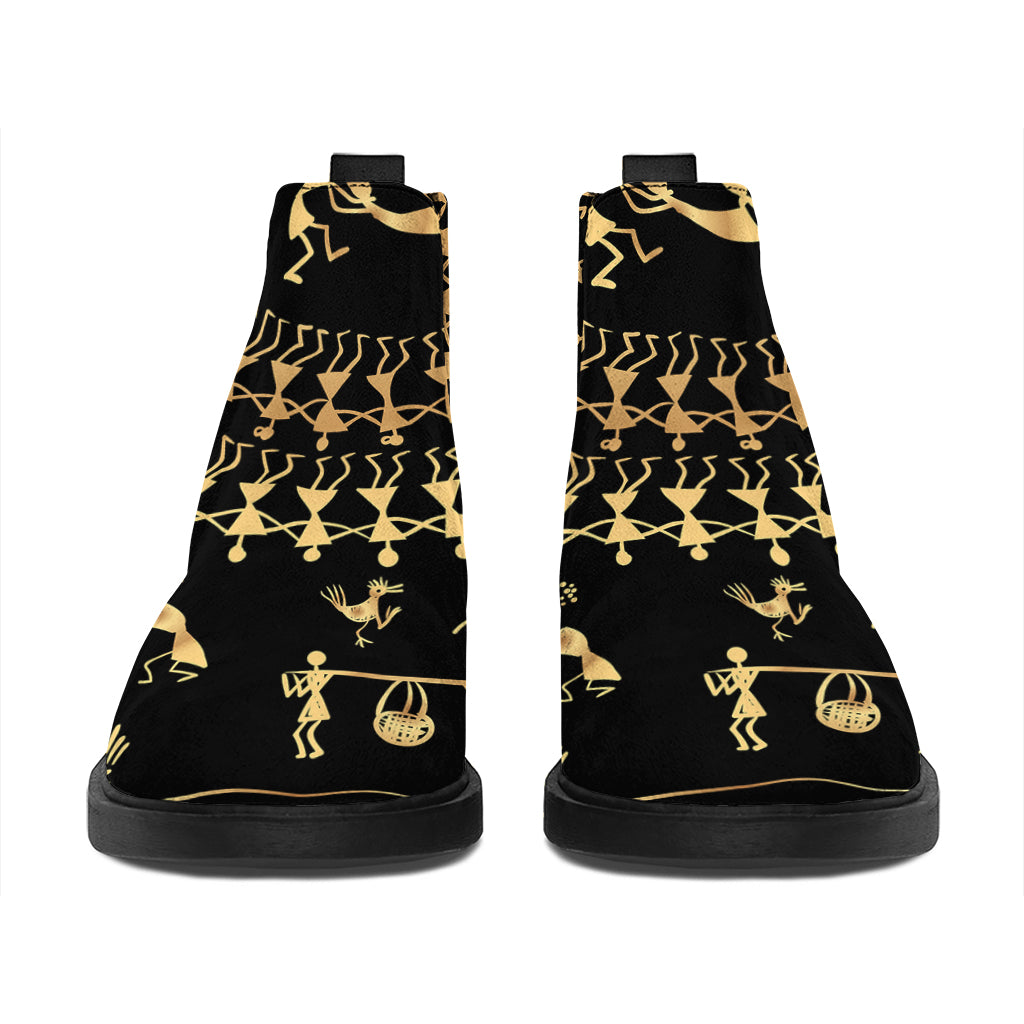 Black And Gold Warli Tribal Print Flat Ankle Boots