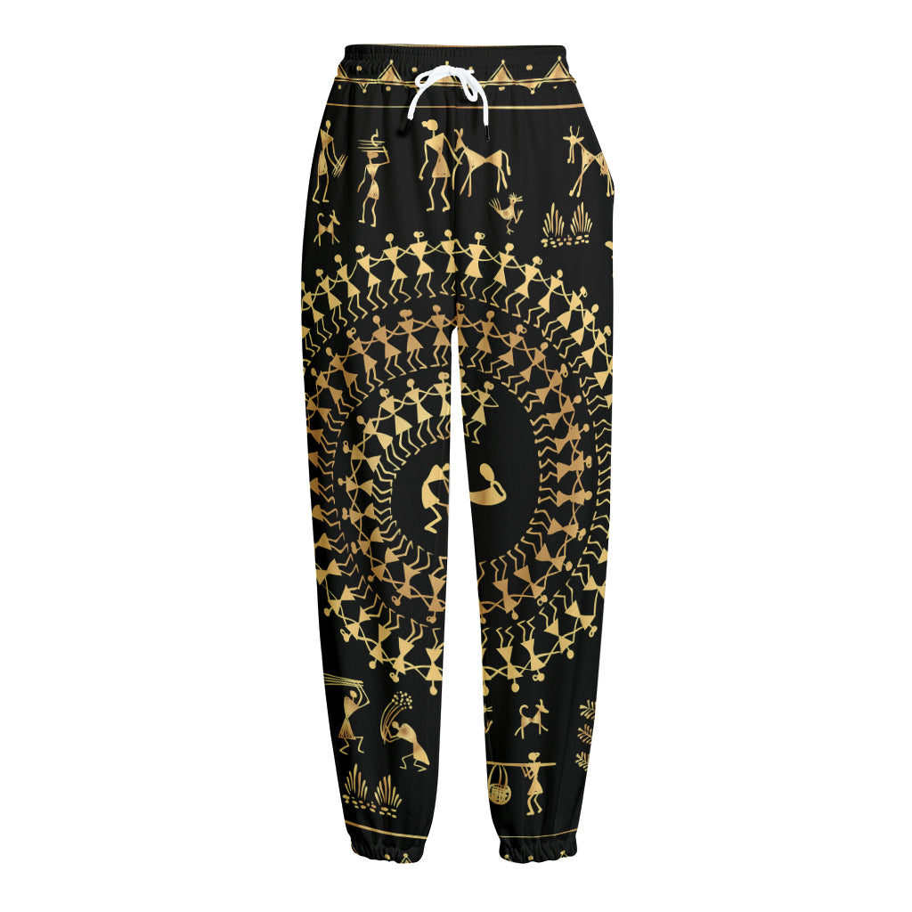 Black And Gold Warli Tribal Print Fleece Lined Knit Pants