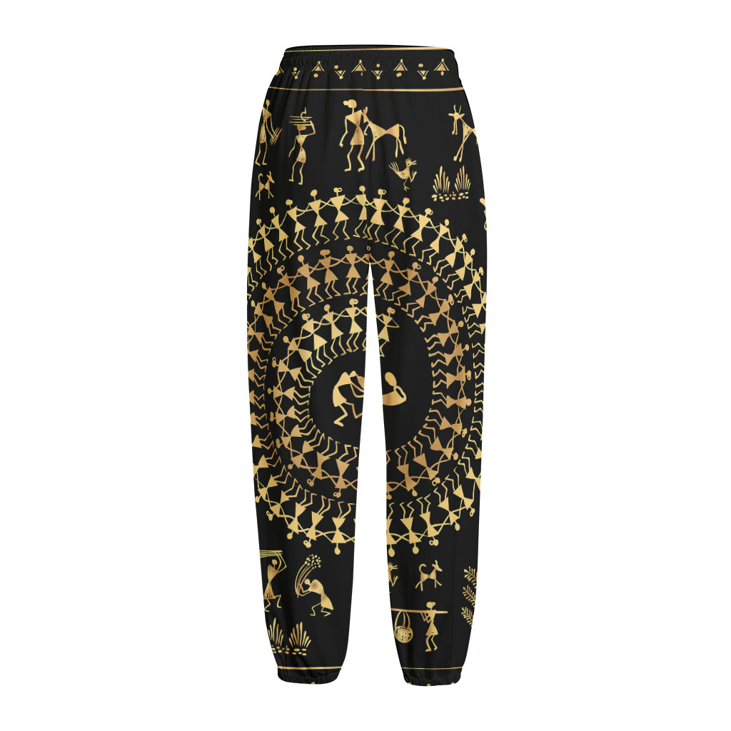 Black And Gold Warli Tribal Print Fleece Lined Knit Pants