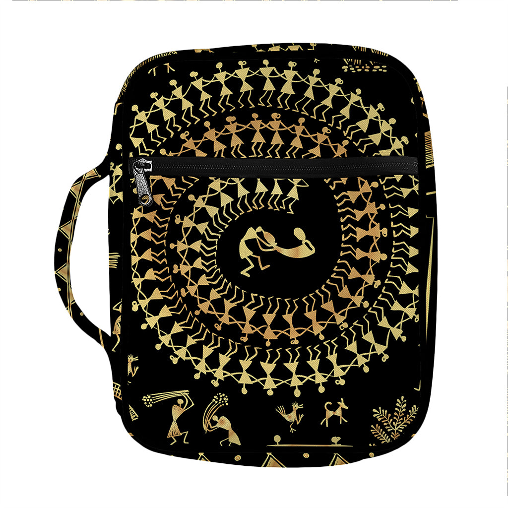 Black And Gold Warli Tribal Print Front Pocket Bible Bag