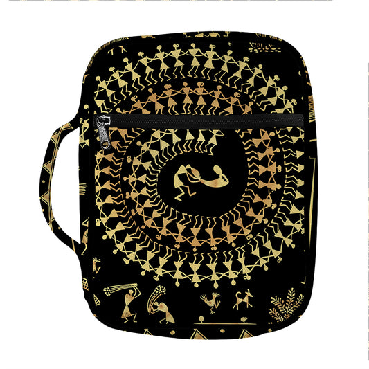 Black And Gold Warli Tribal Print Front Pocket Bible Bag