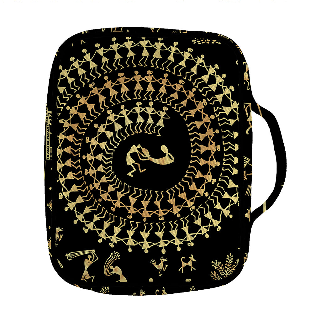 Black And Gold Warli Tribal Print Front Pocket Bible Bag