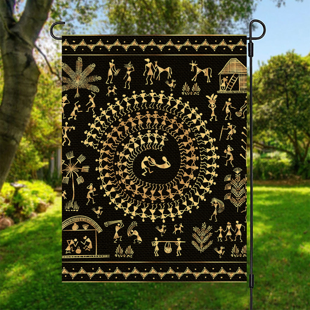 Black And Gold Warli Tribal Print Garden Flag