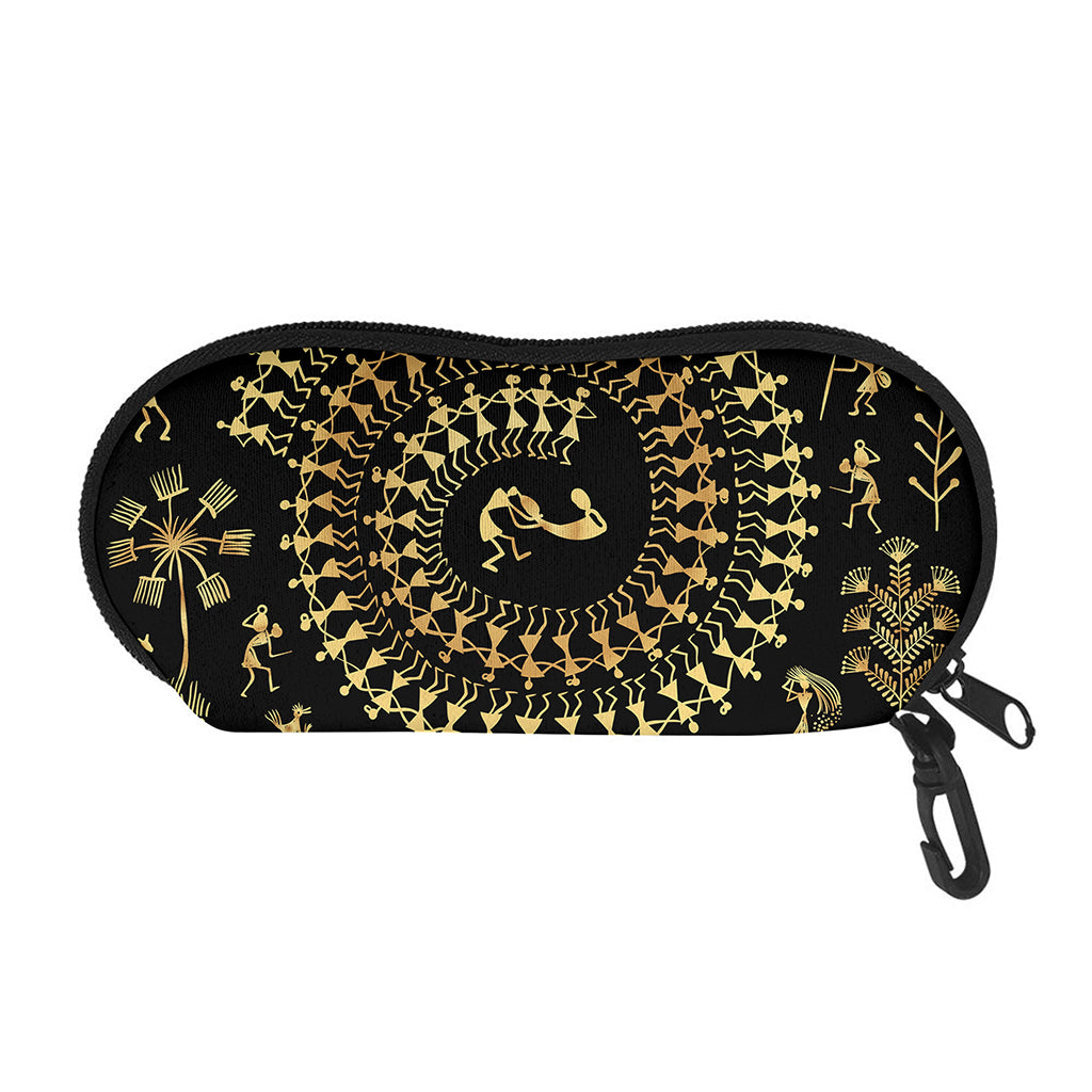 Black And Gold Warli Tribal Print Glasses Case