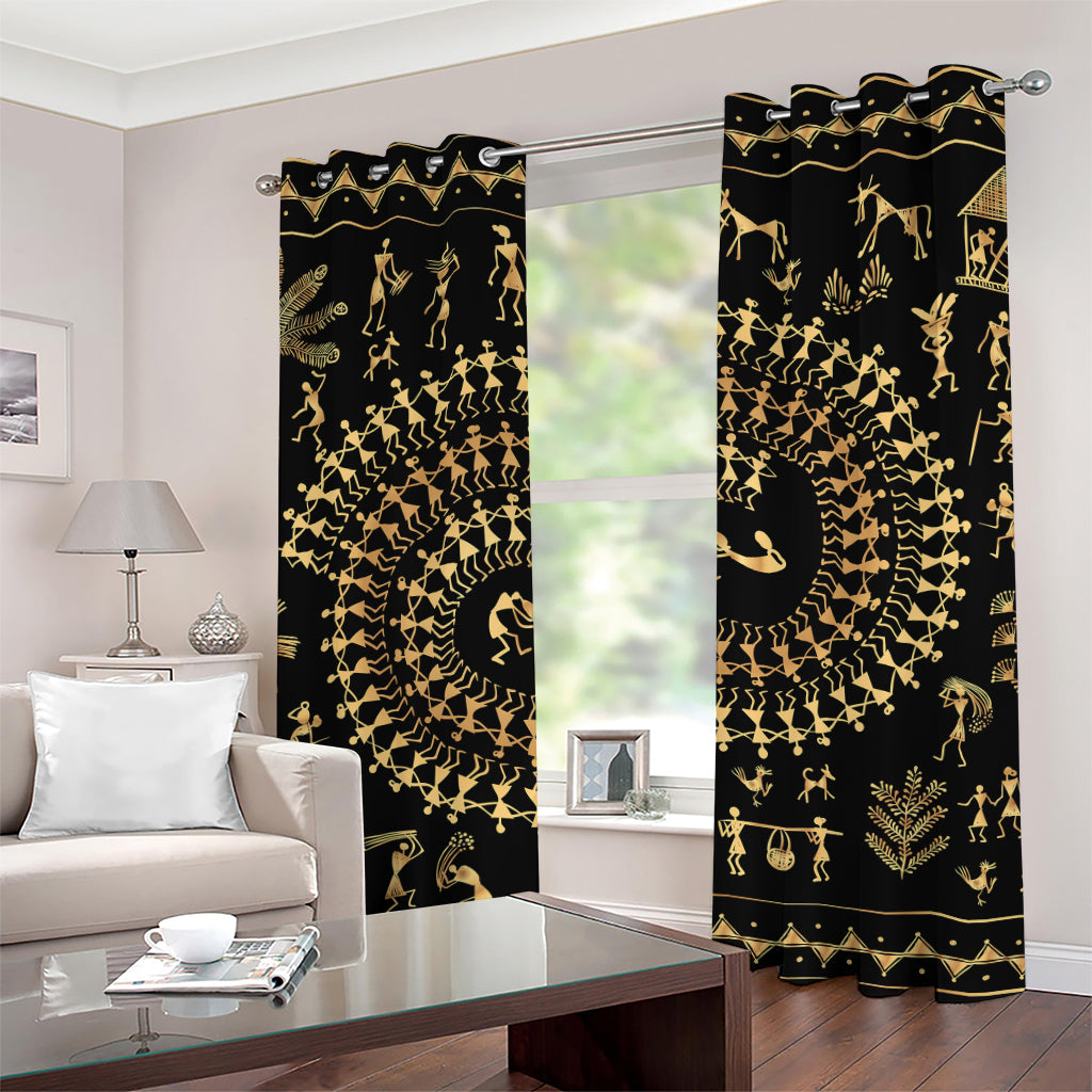 Black And Gold Warli Tribal Print Grommet Curtains