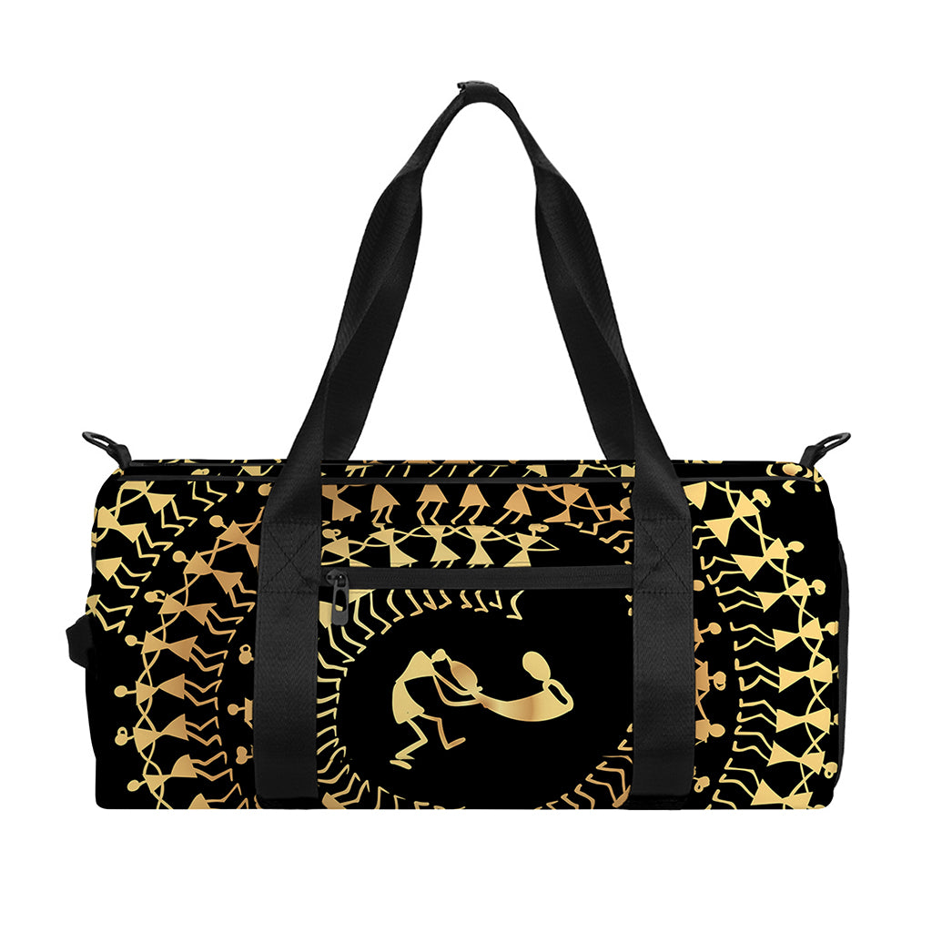 Black And Gold Warli Tribal Print Gym Bag