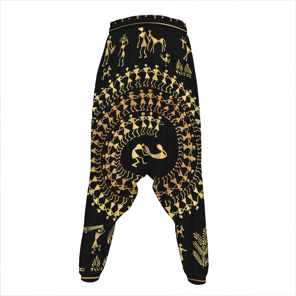 Black And Gold Warli Tribal Print Hammer Pants