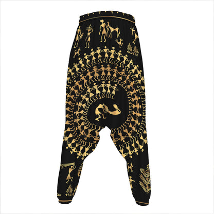 Black And Gold Warli Tribal Print Hammer Pants