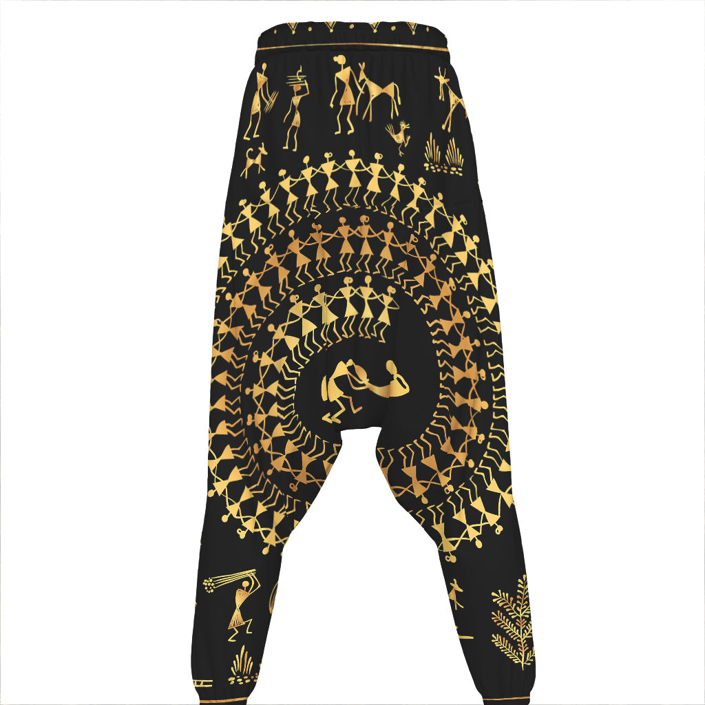 Black And Gold Warli Tribal Print Hammer Pants