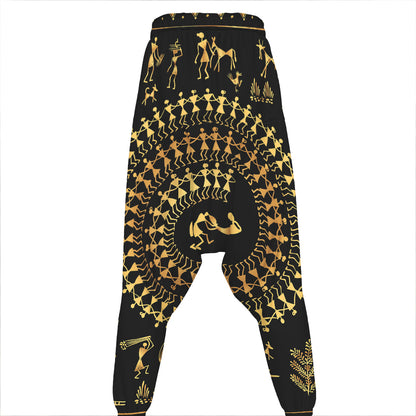 Black And Gold Warli Tribal Print Hammer Pants