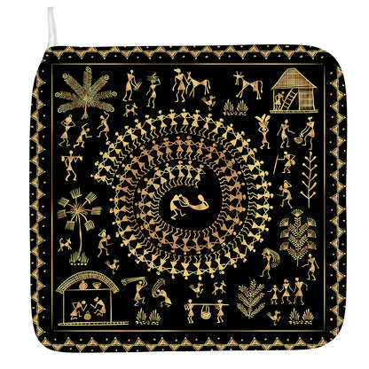 Black And Gold Warli Tribal Print Hand Towel
