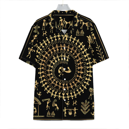 Black And Gold Warli Tribal Print Hawaiian Shirt