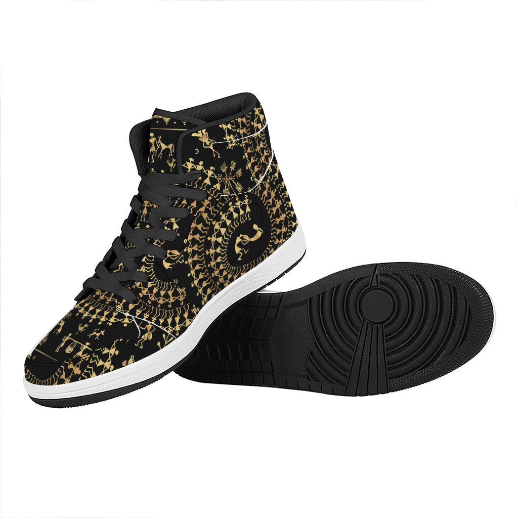 Black And Gold Warli Tribal Print High Top Leather Sneakers