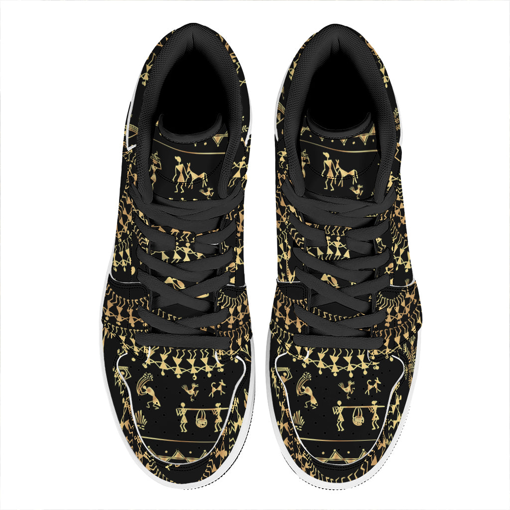 Black And Gold Warli Tribal Print High Top Leather Sneakers