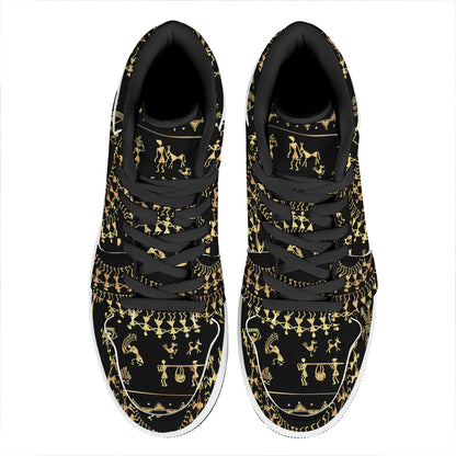 Black And Gold Warli Tribal Print High Top Leather Sneakers